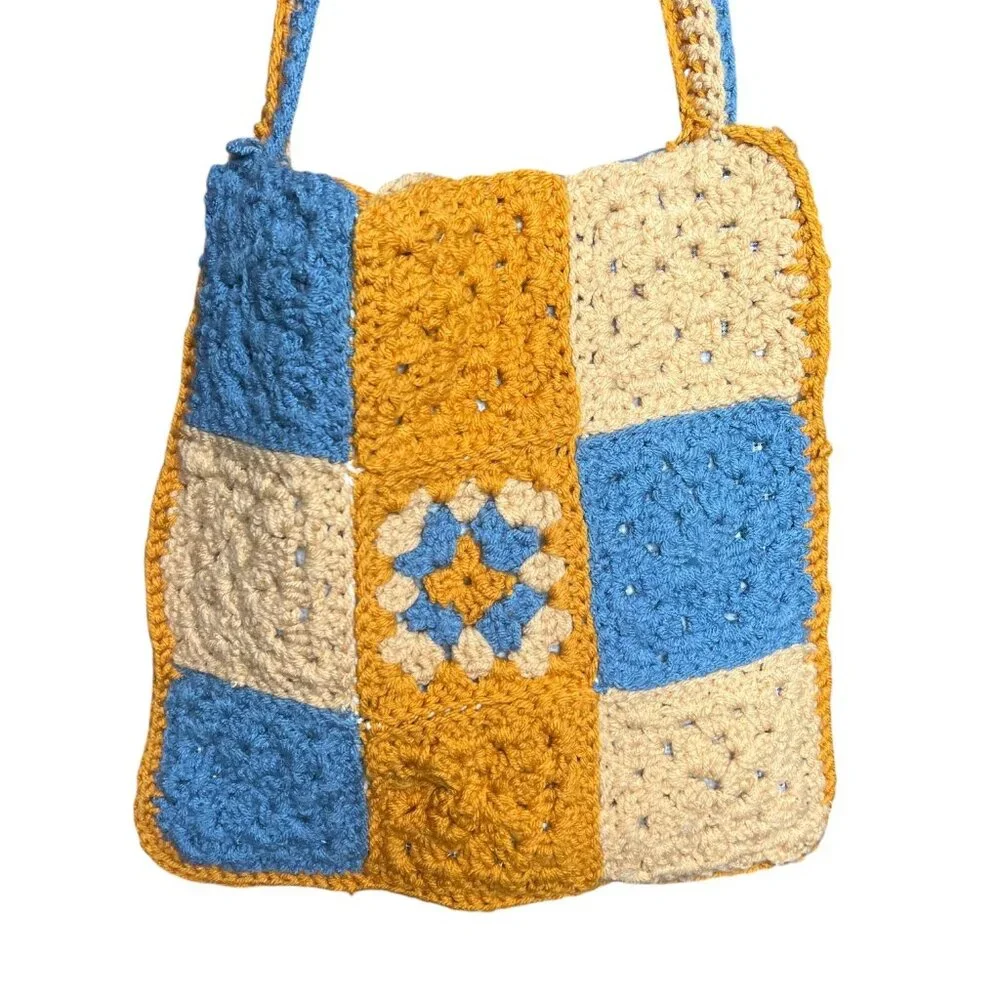Handmade Crochet Granny SquareTote Bag Yellow Blue‎ Boho Granola Cottagecore